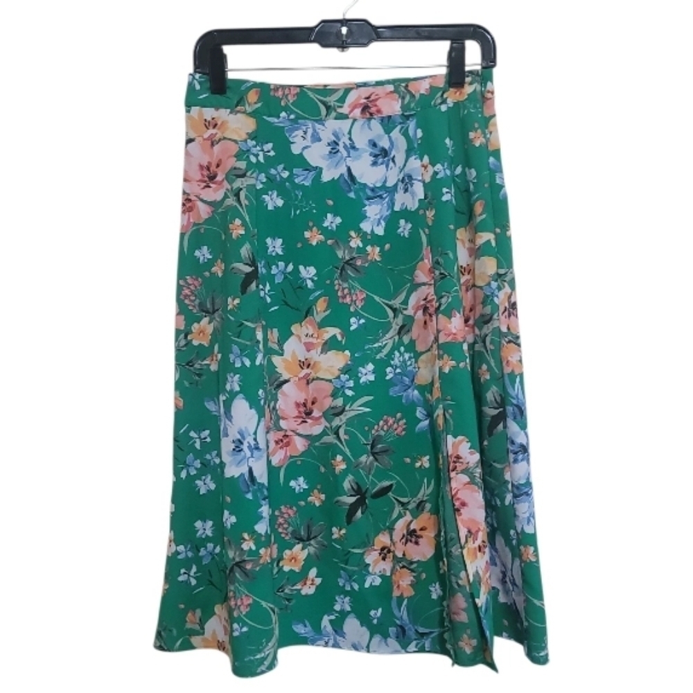 LOFT Fit and Flare Green Floral Print Aline Skirt With Front Slit To Knee Sz 4P